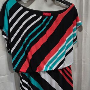 Signature by Sangria Colorful Striped Dress Womens L Black Teal Red White Sheath